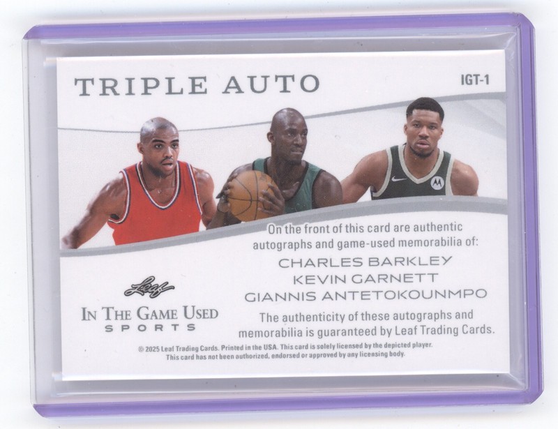 BARKLEY GARNETT ANTETOKOUNMPO 2025 LEAF GAME USED TRIPLE PATCH AUTO /3 Q1887 view 2