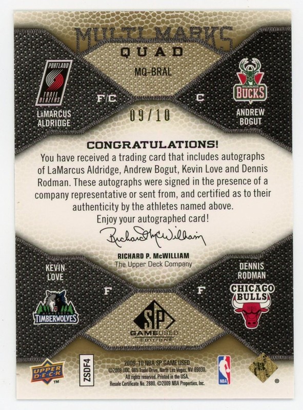 2009-10 UD SP Game Used Multi Marks Dennis Rodman/Love/Aldridge Quad Auto 9/10 view 2