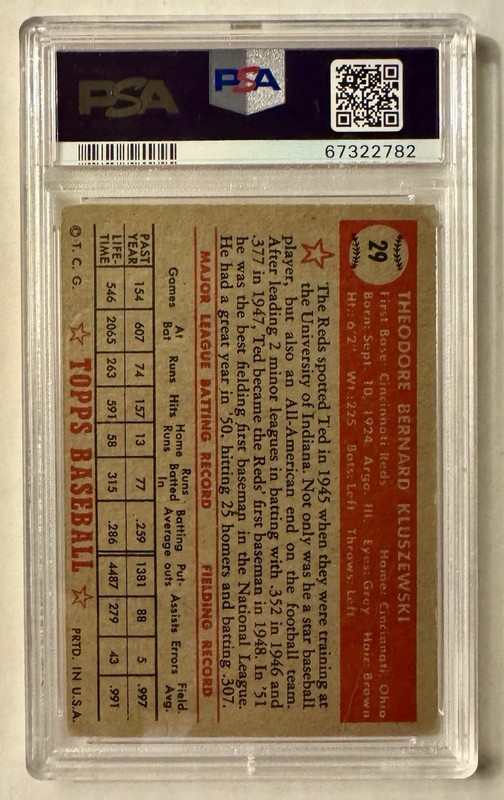1952 Topps #29 Ted Kluszewski Red Back Cincinnati Reds PSA 3 view 2