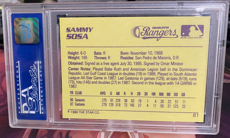 1990 STAR, SAMMY SOSA #61 PSA GEM MINT 10 view 2