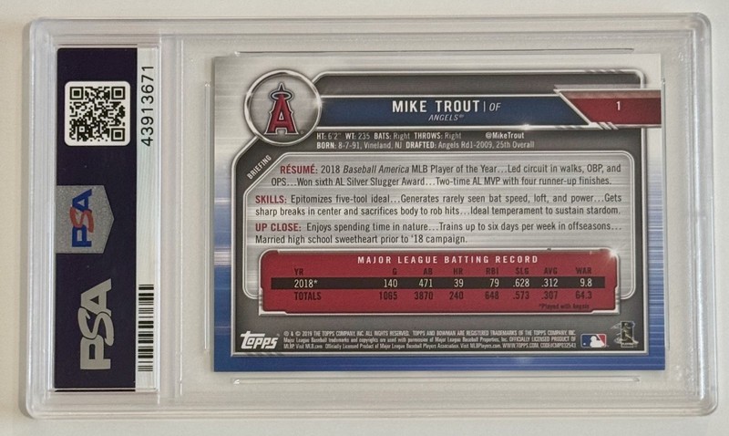 2019 Bowman Mike Trout /99 GREEN #1 PSA 10 HOF SP Numbered Parallel GRADED view 2