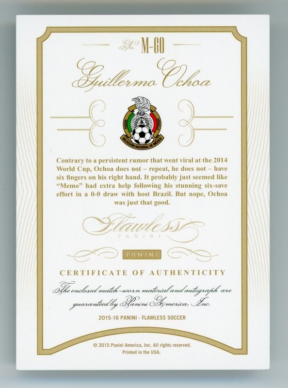 2015-16 Flawless Momentous Guillermo Ochoa Auto Dual Match Game Worn Patch 20/25 view 2