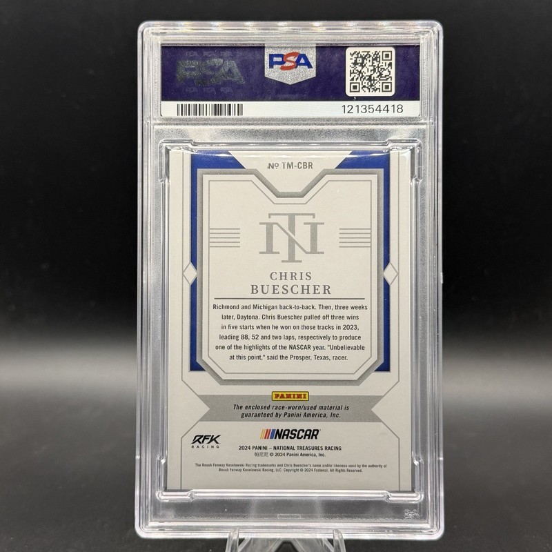 2024 Panini National Treasures Chris Buescher Timeline Materials /99 PSA 9 view 2