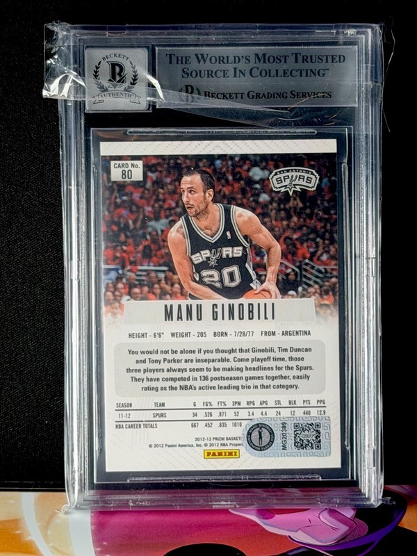 Manu Ginobili Inscribed Auto 2012-13 Panini Prizm #89 HOF ‘22 BGS 10 AUTO Spurs view 2