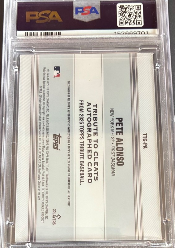 Pete Alonso PSA 10  2025 Topps Tribute To Cleats Auto #/99 Mets Low Pop GEM MINT view 2
