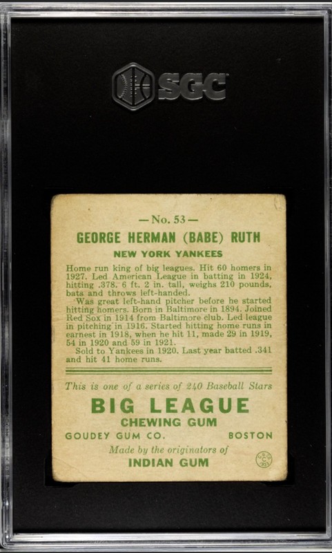 Babe Ruth 1933 Goudey #53 Yellow SGC 1.5 Q0842 view 2
