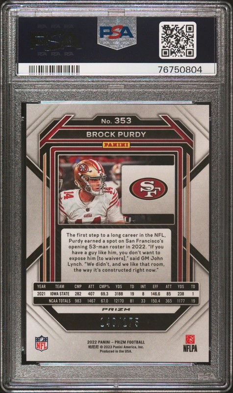 2022 Panini Prizm Brock Purdy Hyper Rookie 140/175 #353 PSA 10 view 2