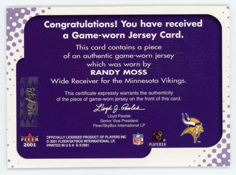 2001 Fleer EX Behind the Numbers Randy Moss Auto Dual Game Used Jersey Patch /84 view 2