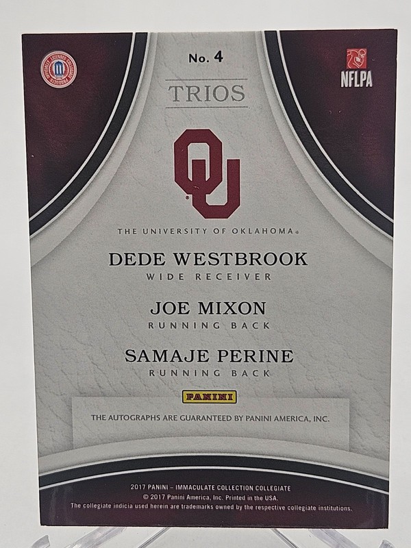 2017 Immaculate Trios Autos #12/25 Dede Westbrook, Samaje Perine, Joe Mixon #4 view 2