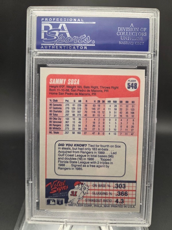 1990 Fleer #548 Sammy Sosa RC "White Sox"....... PSA Mint 9 view 2