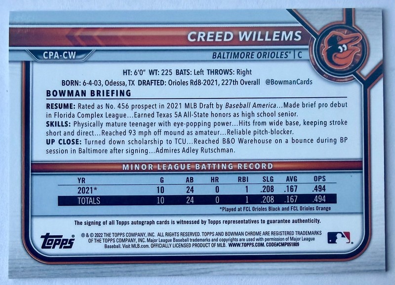 2022 Bowman Chrome AUTO #CPA-CW Creed Willems - Baltimore Orioles 🟠⚫️ view 2