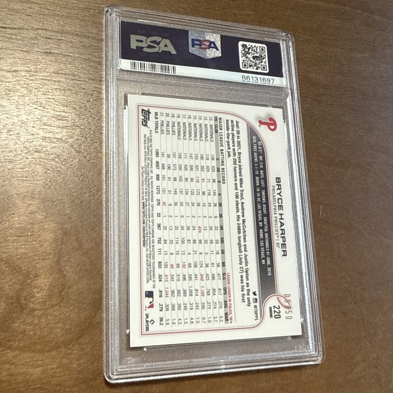 2022 TOPPS CHROME BRYCE HARPER GOLD WAVE REFRACTOR /50 PSA 9 PHILLIES CARD view 2