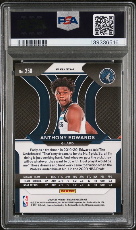 PSA 10 2020 Panini Prizm Anthony Edwards Orange Ice Rookie RC #258 view 2