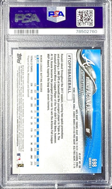 2018 Topps Ronald Acuna Jr. Bat Down RC #698 PSA 10 SSP RARE view 2