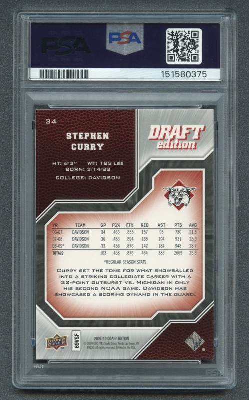 2009 STEPHEN CURRY ROOKIE PSA 10 GEM-MT UD DRAFT EDITION DAVIDSON CATS (#34) RZC view 2