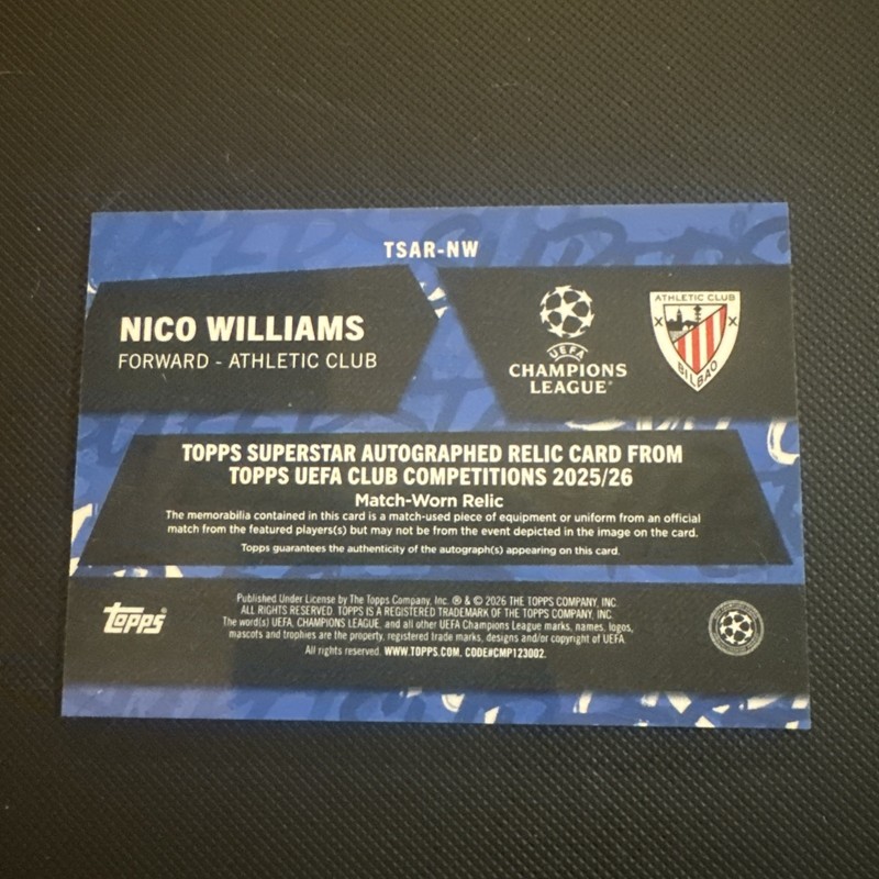 2025-26 Topps UEFA Nico Williams Auto /125 Auto and Patch Match Worn Relic view 2