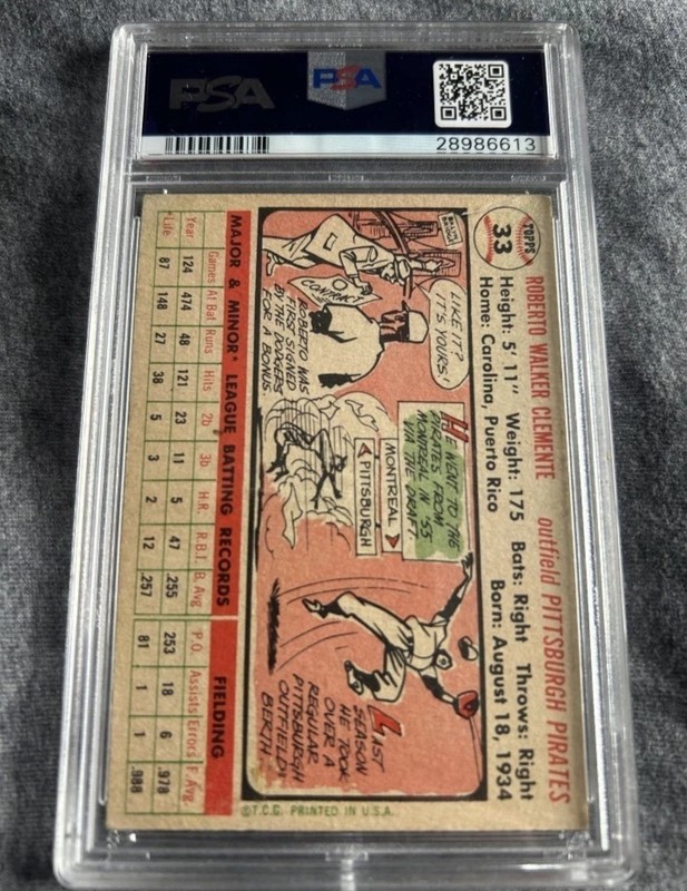 1956 Topps Set-Break # 33 Roberto Clemente White Back PSA 3 VG view 2