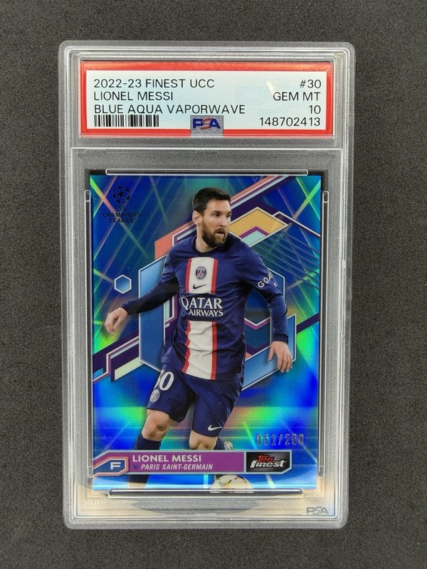 2022-23 Topps Finest UCC Lionel Messi Blue Aqua Vaporwave /250 PSA 10 GEM MT #30