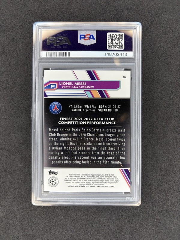 2022-23 Topps Finest UCC Lionel Messi Blue Aqua Vaporwave /250 PSA 10 GEM MT #30 view 2