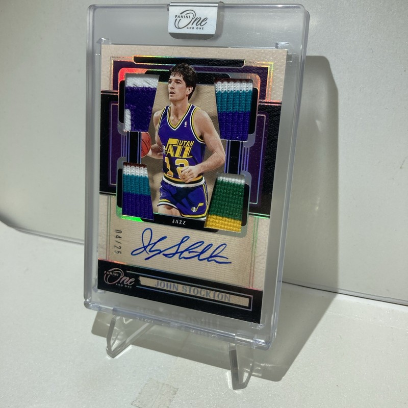 2024-25 Panini One and One John Stockton /25 Quad Game Used Patch Auto Jazz view 2