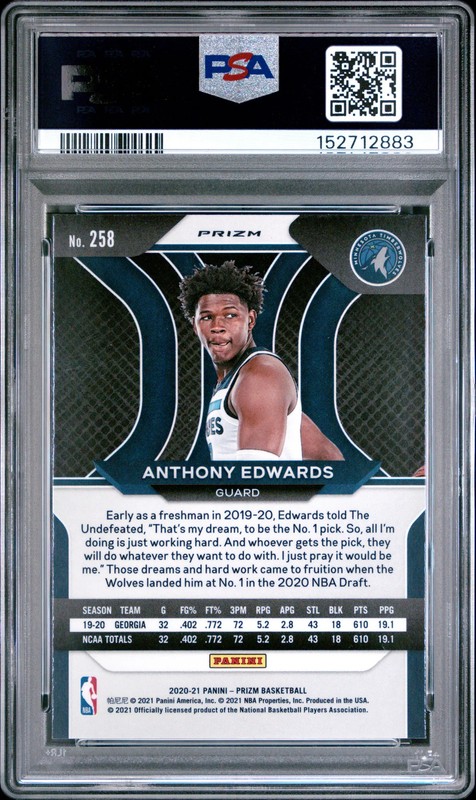 PSA 9 2020 Panini Prizm Anthony Edwards Silver Rookie RC #258 view 2