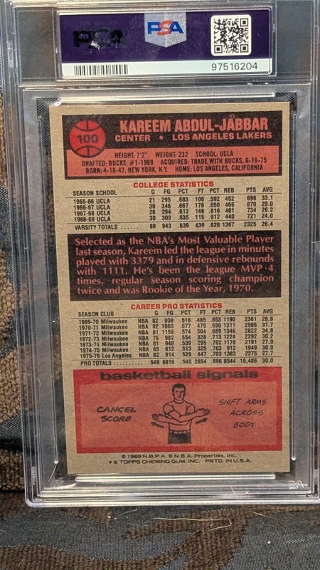 1976-77 Topps Kareem Abdul-Jabbar #100 PSA 6 Lakers HOFer Vintage Basketball view 2