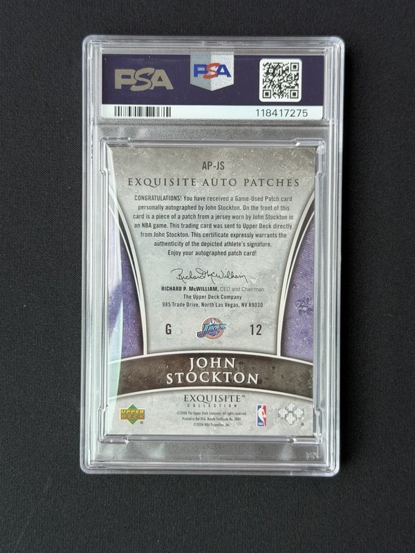 JOHN STOCKTON 2005-06 UD EXQUISITE #AP-JS GAME USED PATCH AUTO /100 PSA 7 view 2