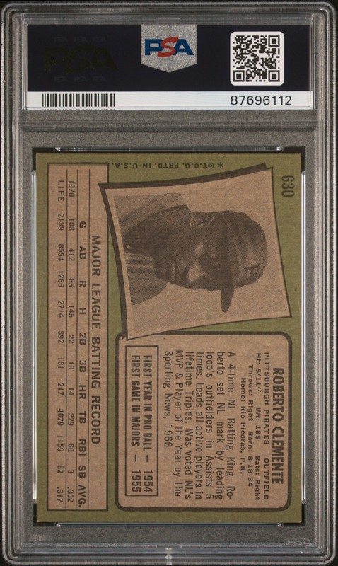 1971 TOPPS #630 ROBERTO CLEMENTE PSA 6 view 2