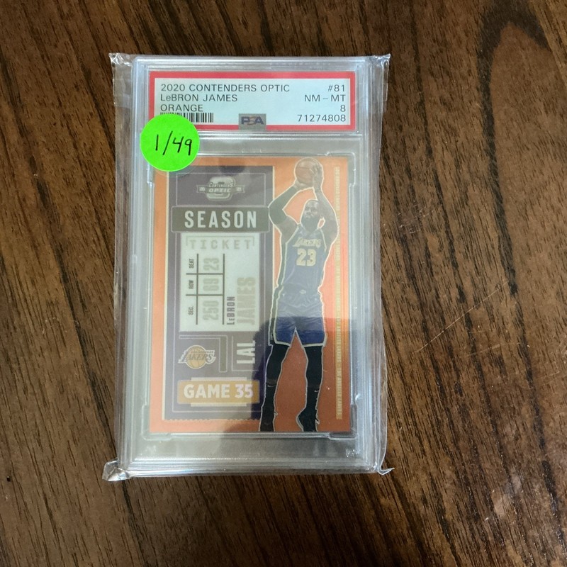 2020 CONTENDERS OPTIC LEBRON JAMES ORANGE PRIZM REFRACTOR #/49 PSA 8 LAKERS SP