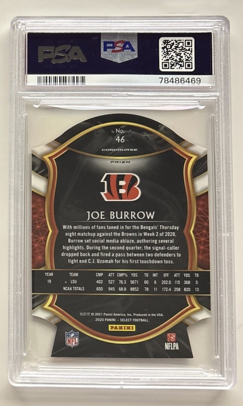 JOE BURROW 2020 Panini Select #46 Concourse Purple Prizm Die-Cut Rookie PSA 9 view 2