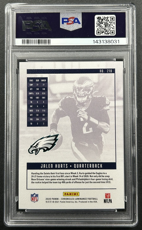 2020 Panini Chronicles - Jalen Hurts #210 Philadelphia Eagles - RC PSA 10 view 2