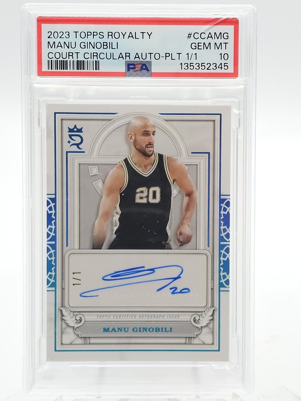 MANU GINOBILI 2023-24 TOPPS ROYALTY COURT AUTO PLATINUM 1/1 PSA 10 Q7056