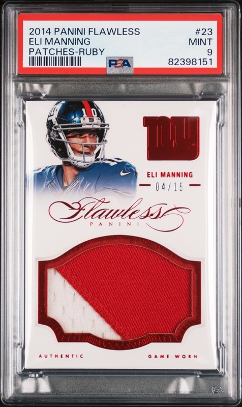 2014 ELI MANNING FLAWLESS RUBY GAME WORN PATCH /15 PSA 9 MINT RED WHITE JERSEY