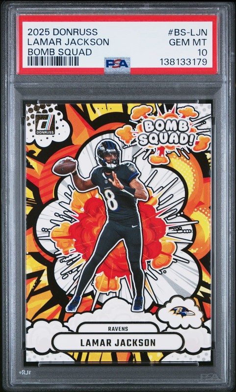 2025 Panini Donruss Bomb Squad Lamar Jackson #BS-LJN PSA 10