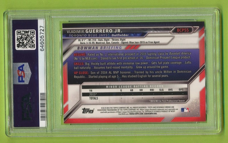 2016 Bowman Prospects Chrome - Vladimir Guerrero, Jr (BCP55)  Blue Jays   PSA 9 view 2