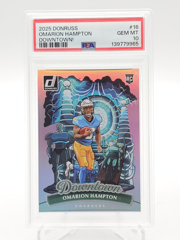 OMARION HAMPTON 2025 DONRUSS DOWNTOWN ROOKIE SSP #16 CHARGERS PSA 10 Q6438