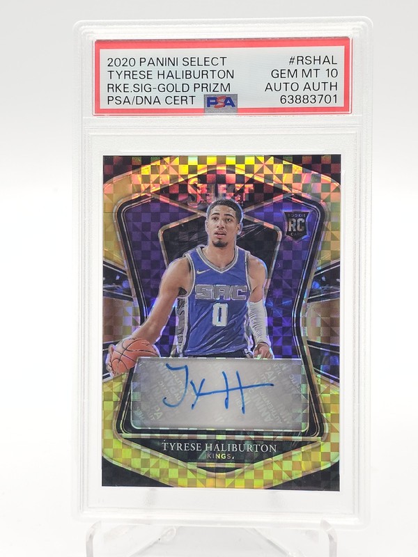 TYRESE HALIBURTON 2020-21 SELECT GOLD PRIZM ROOKIE AUTO /10 #RS-HAL PSA 10 Q6438