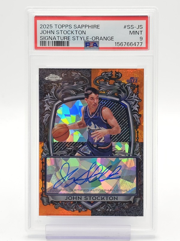JOHN STOCKTON 2025-26 TOPPS CHROME ORANGE SAPPHIRE /25 AUTO PSA 9 Q3391