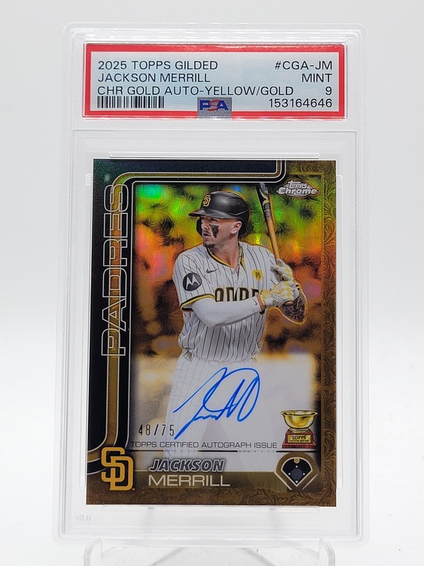 JACKSON MERRILL 2025 TOPPS CHROME GILDED YELLOW/GOLD AUTO /75 PSA 9 Q3646