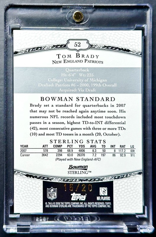 2008 Bowman Sterling TOM BRADY #15/20 Gold Refractor GAME-WORN Jersey Patch Auto view 2