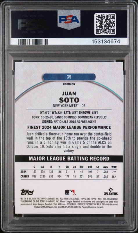 2025 Topps Finest Juan Soto #39 Gold Refractor /50 PSA 10 view 2