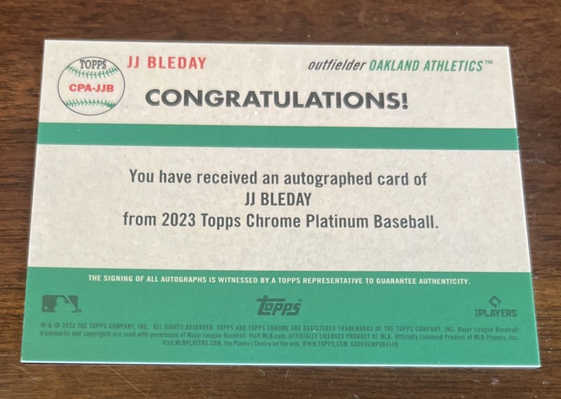 JJ Bleday 2023 Topps Chrome Platinum Anniversary True Gold RC Auto 23/50 REDS view 2