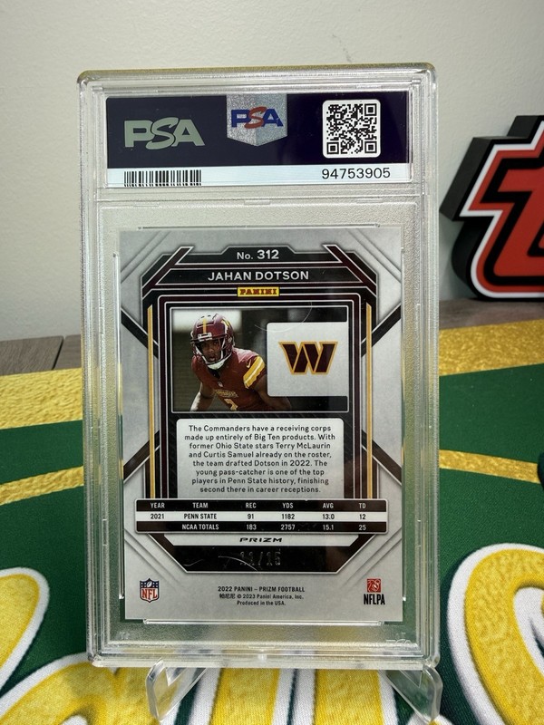 2022 Panini Prizm Jahan Dotson Auto RC Camo #/25 PSA 10 Rookie Falcons view 2