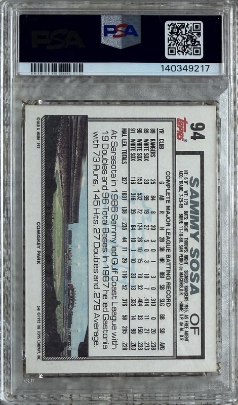 1992 TOPPS SAMMY SOSA PSA 10 view 2