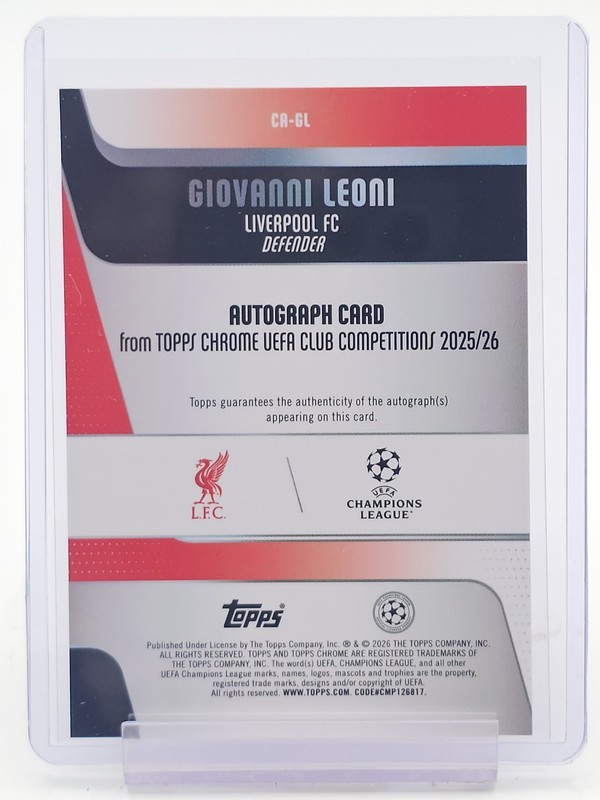 GIOVANNI LEONI 2025-26 TOPPS CHROME UEFA PINK ROOKIE AUTO /250 #CA-GL Q5332 view 2