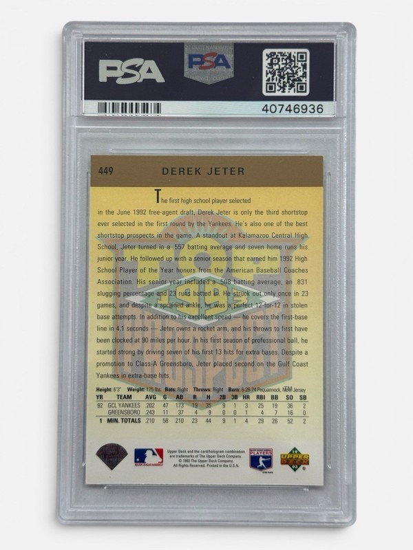 1993 Upper Deck Derek Jeter Rookie Card #449 PSA 8 NM-MT Yankees HOF RC view 2
