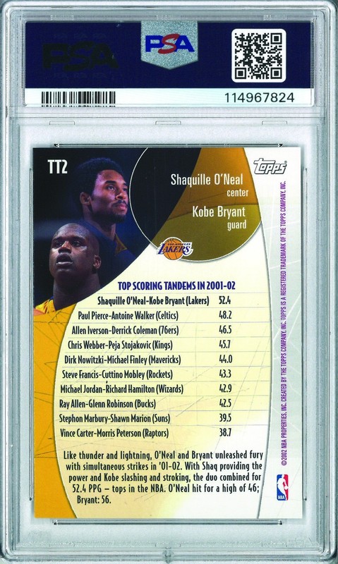 PSA 9 KOBE BRYANT SHAQUILLE O'NEAL 2002 TOPPS TOP TANDEMS #TT2 MINT SHAQ LAKERS view 2