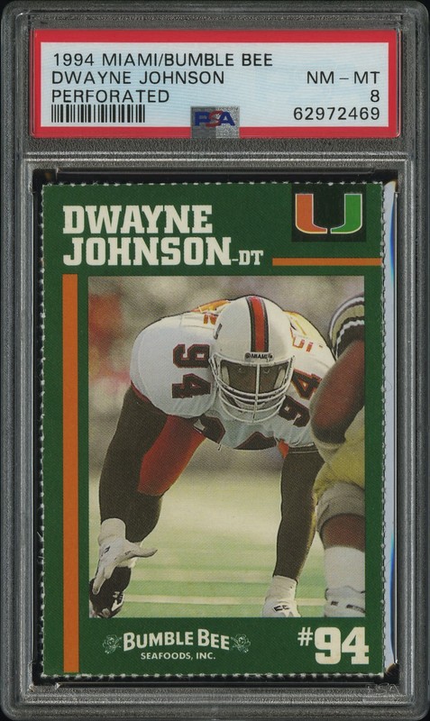 Bumble Bee 1994 Miami Hurricanes Dwayne Johnson RC #94 Perforated PSA 8