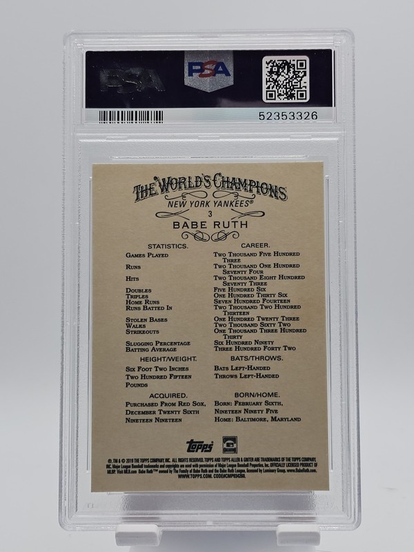 BABE RUTH 2019 TOPPS ALLEN & GINTER BASEBALL #3 YANKEES PSA 10 GEM MT Q1725 view 2