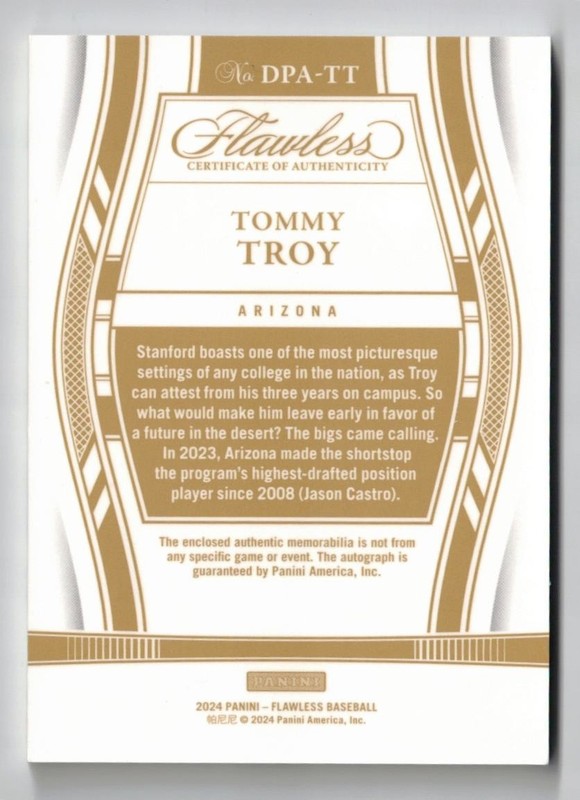 2024 Panini Flawless PATCH RC AUTO Tommy Troy! Diamondbacks Rookie Autograph /25 view 2